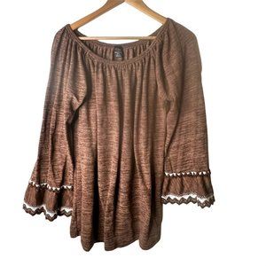 Win Win womens top sz L boho brown Large X-large 3/4 sleeves round neck tunic